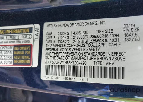 2019 Honda Cr-V Ex-L из США, поврежденный, VIN 5J6RW2H88KL004420